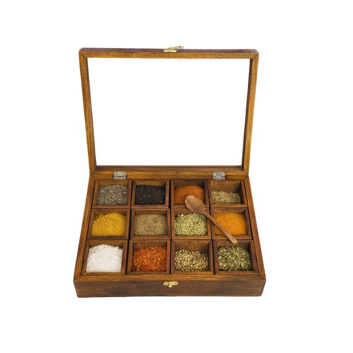 Wooden Spice Box with Multiple Compartments  Decorative Brass and Wooden Serving Tray  Elegant Cutwork Tray for Kitchen Décor  Premium Kitchen Storage and Organizers  Handcrafted Spice and Dry Fruit Boxes
