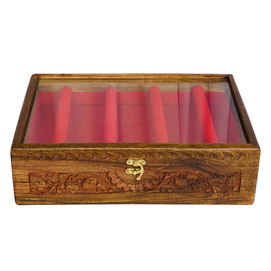 Handcrafted bangle box with intricate carving – elegant wooden jewelry organizer.