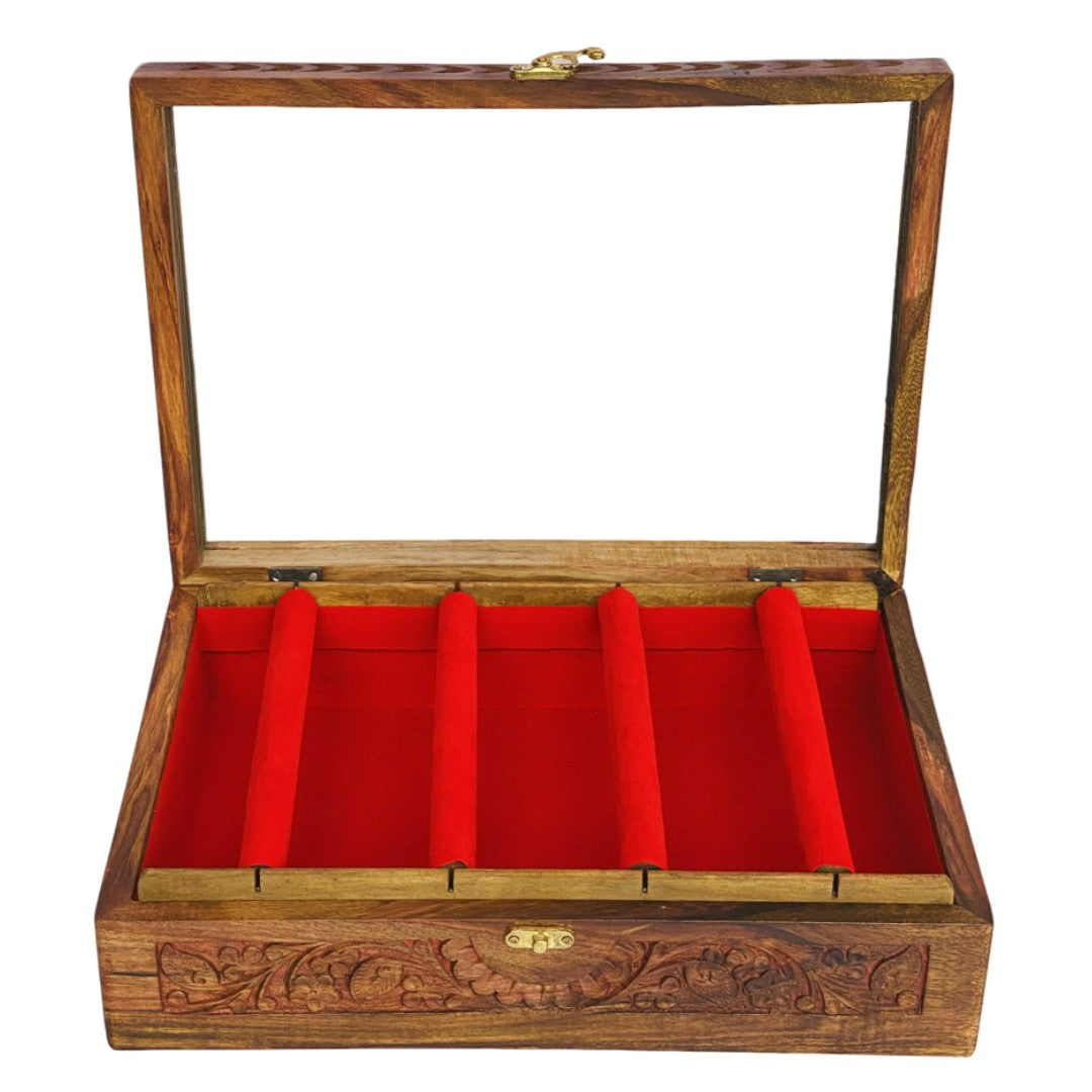 Handcrafted bangle box with intricate carving – elegant wooden jewelry organizer.