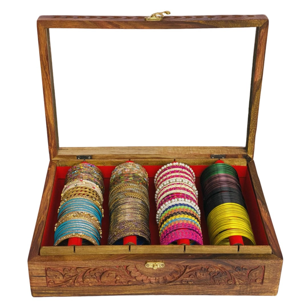 Handcrafted bangle box with intricate carving – elegant wooden jewelry organizer.
