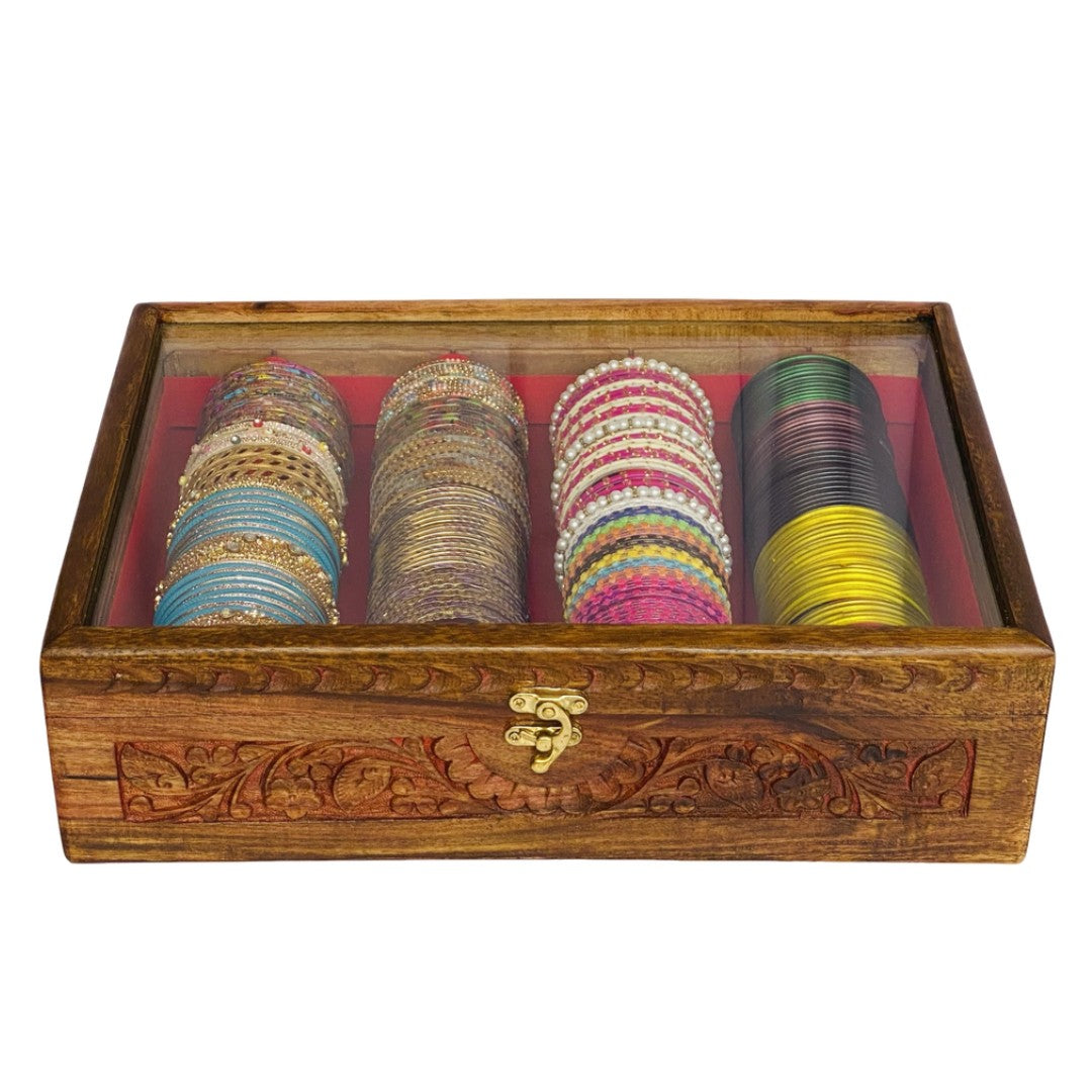 Handcrafted bangle box with intricate carving – elegant wooden jewelry organizer.