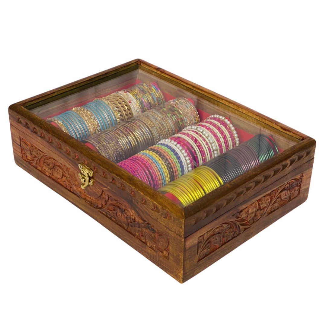 Handcrafted bangle box with intricate carving – elegant wooden jewelry organizer.
