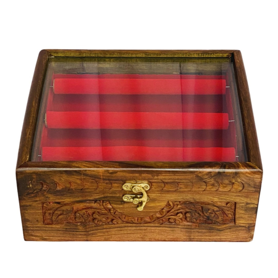 Handcrafted bangle box with intricate carving – elegant wooden jewelry organizer.