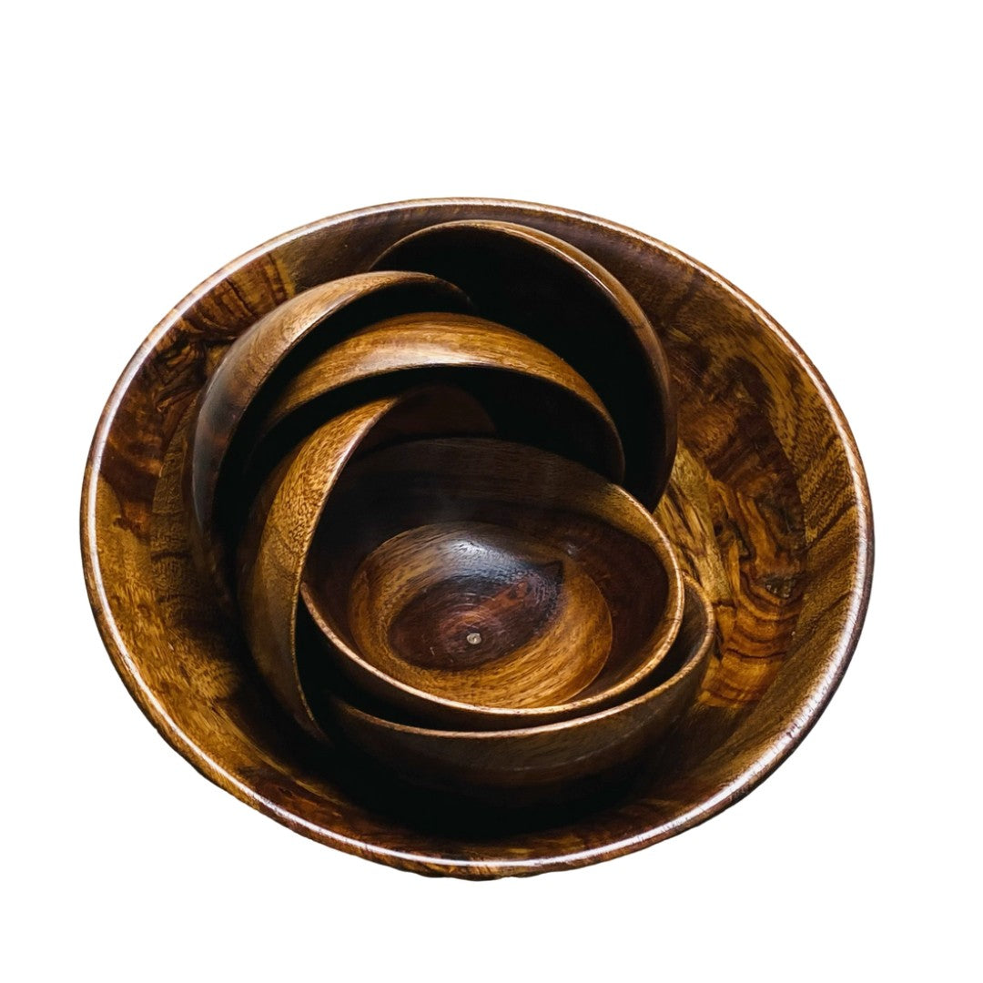 Wooden ice cream bowl set – one large 8-inch bowl with six small serving bowls