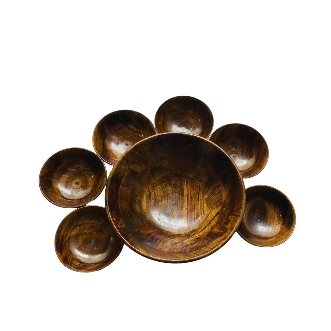 Wooden ice cream bowl set – one large 8-inch bowl with six small serving bowls
