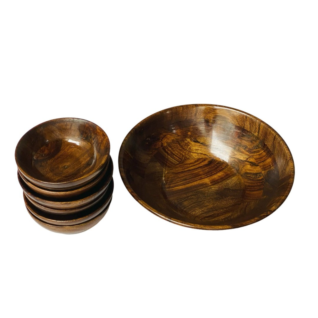 Wooden ice cream bowl set – one large 8-inch bowl with six small serving bowls