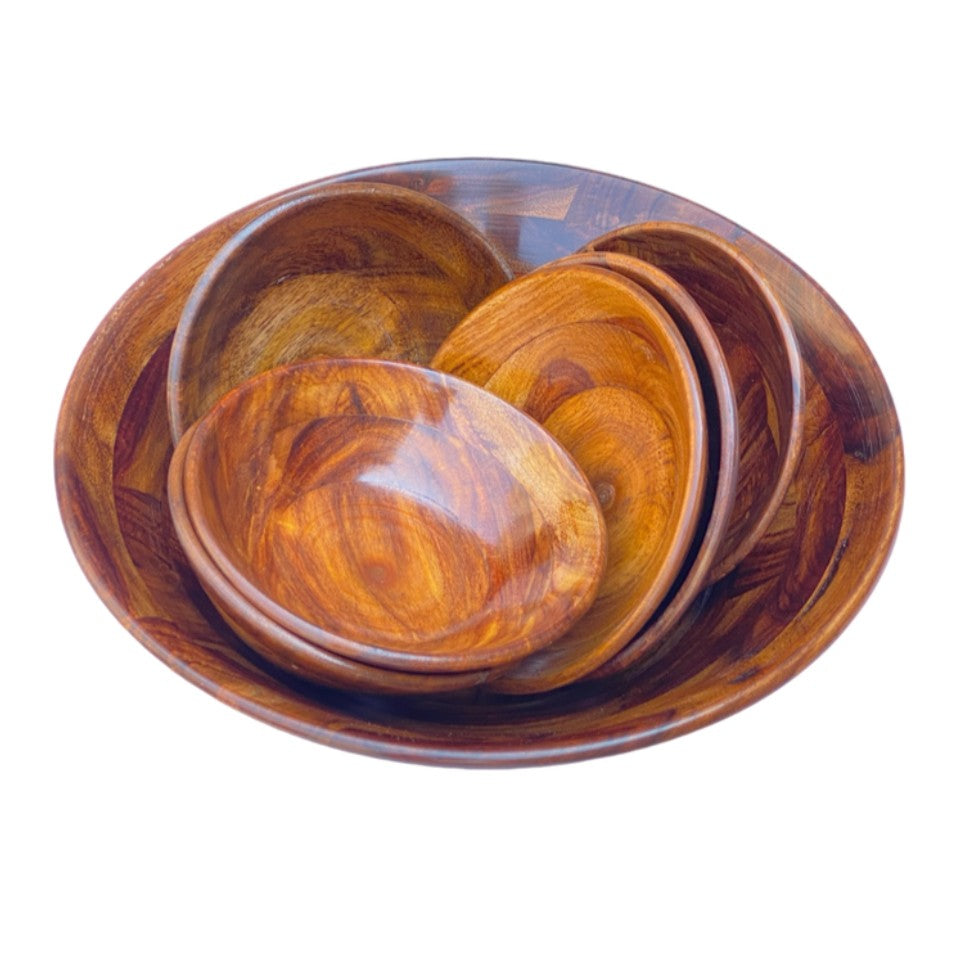 Wooden nesting bowl set with 6 small bowls inside large serving bowl - handcrafted natural wood grain.