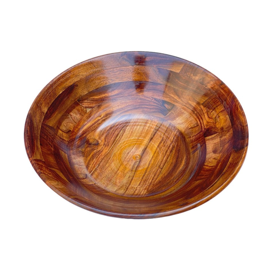 Wooden nesting bowl set with 6 small bowls inside large serving bowl - handcrafted natural wood grain.