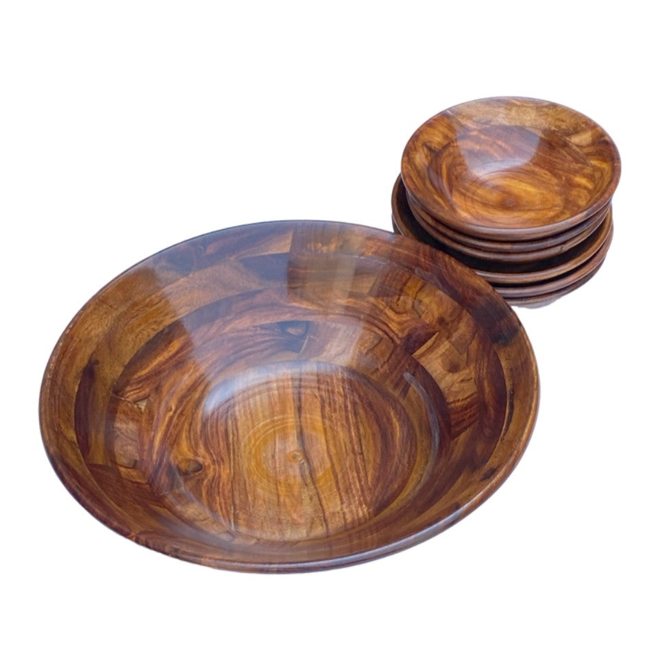 Wooden nesting bowl set with 6 small bowls inside large serving bowl - handcrafted natural wood grain.