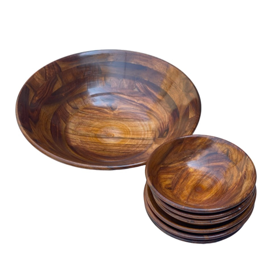 Wooden nesting bowl set with 6 small bowls inside large serving bowl - handcrafted natural wood grain.