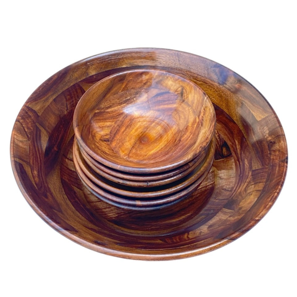 Wooden nesting bowl set with 6 small bowls inside large serving bowl - handcrafted natural wood grain.