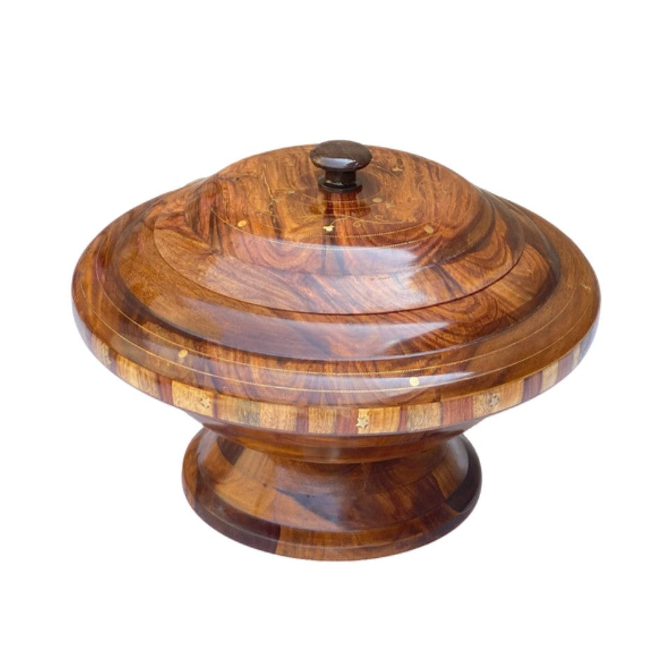 Handcrafted wooden hotpot bowl with lid - closed view showing natural grain and brass accents.