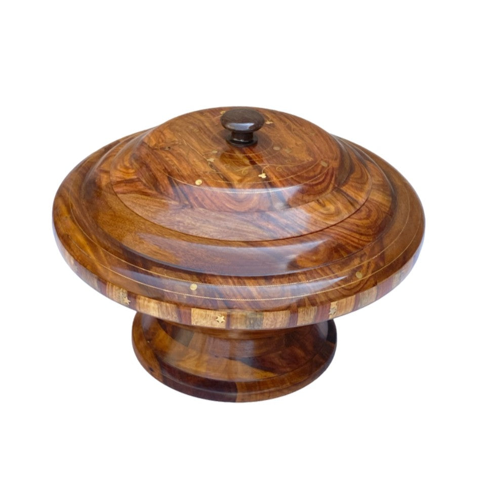 Handcrafted wooden hotpot bowl with lid - closed view showing natural grain and brass accents.