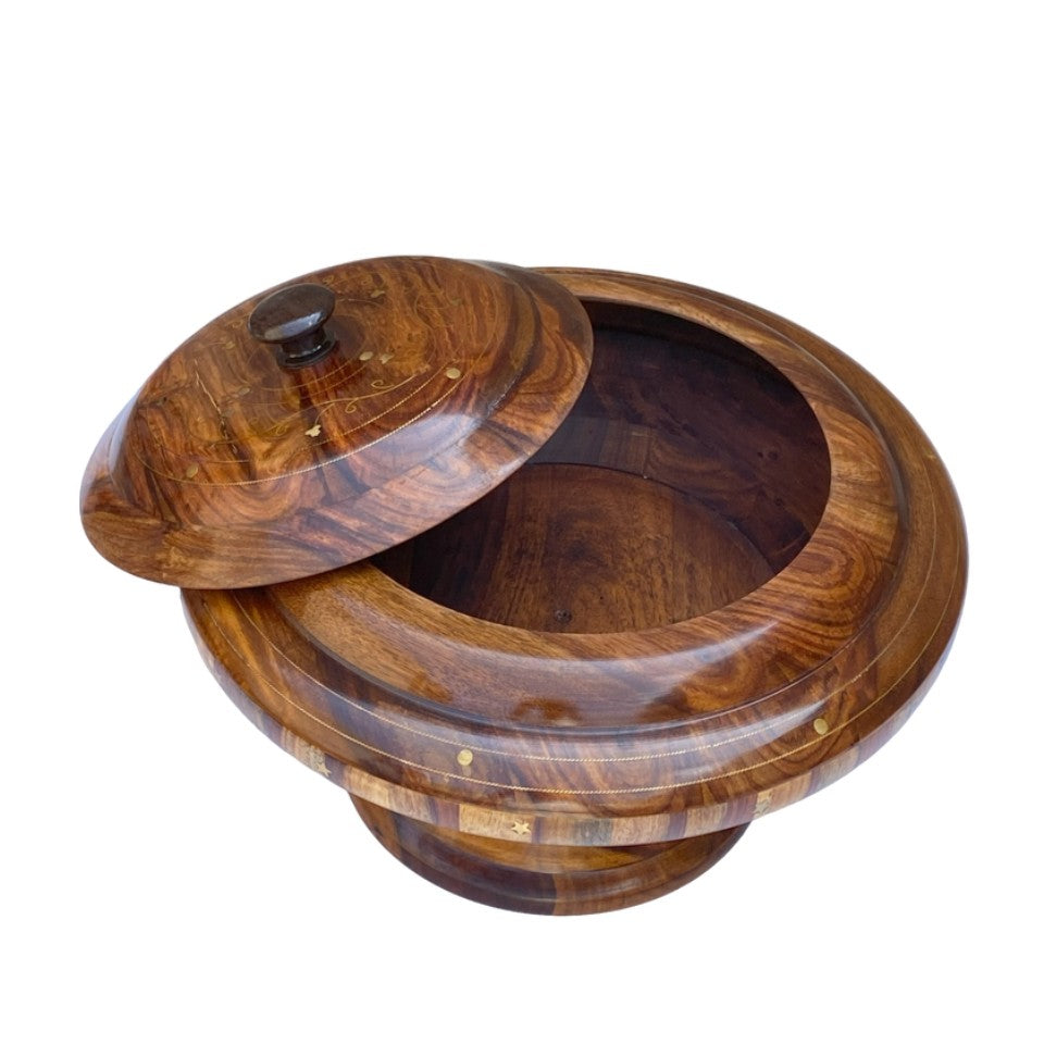 Handcrafted wooden hotpot bowl with lid - closed view showing natural grain and brass accents.