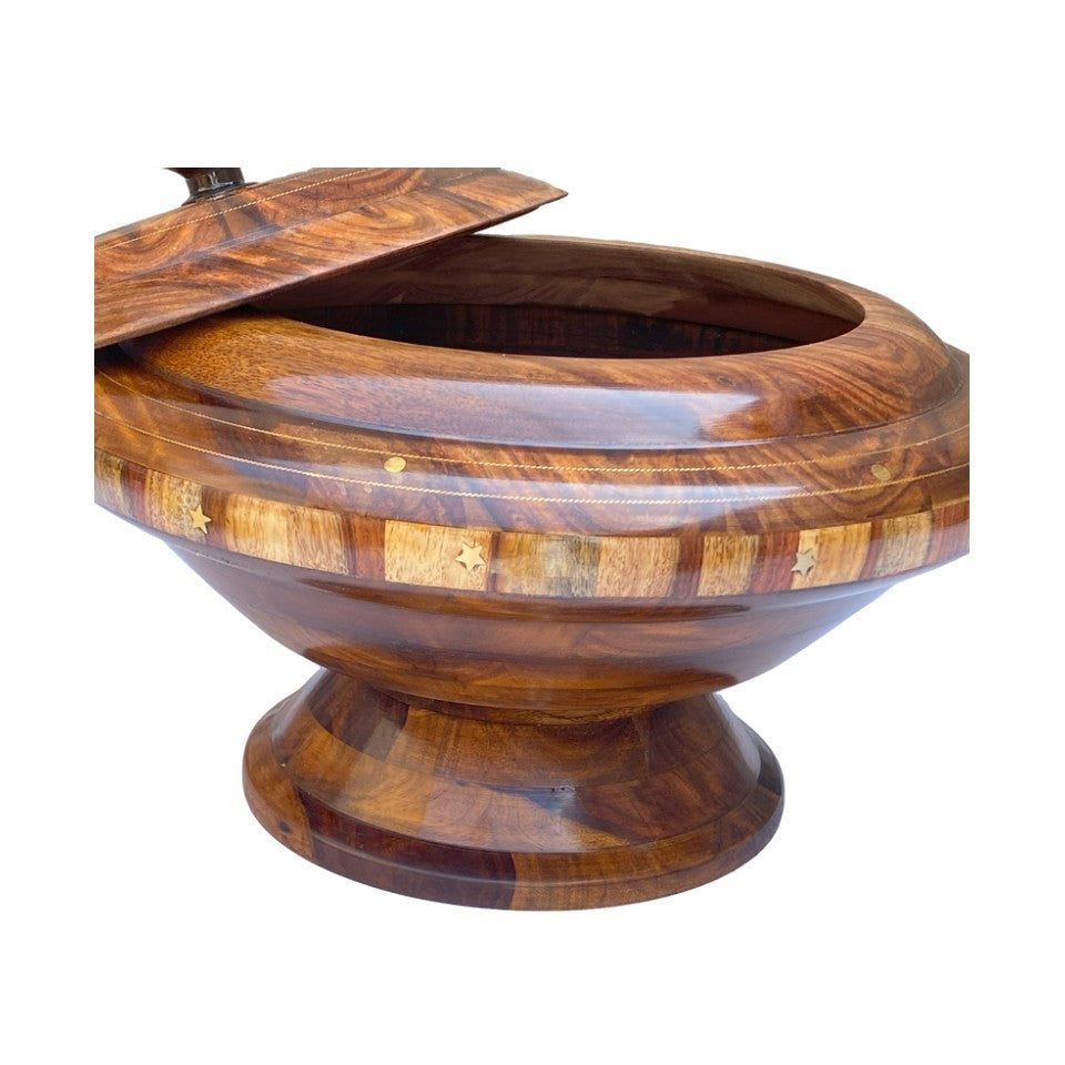 Handcrafted wooden hotpot bowl with lid - closed view showing natural grain and brass accents.