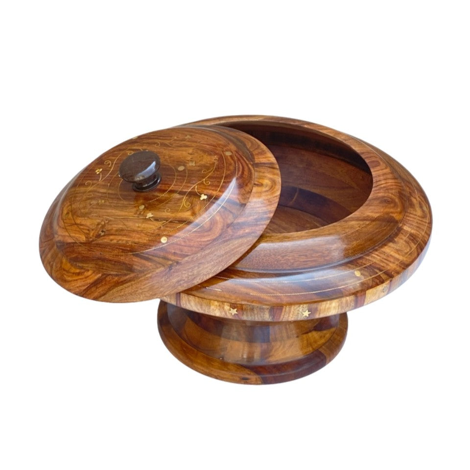 Handcrafted wooden hotpot bowl with lid - closed view showing natural grain and brass accents.