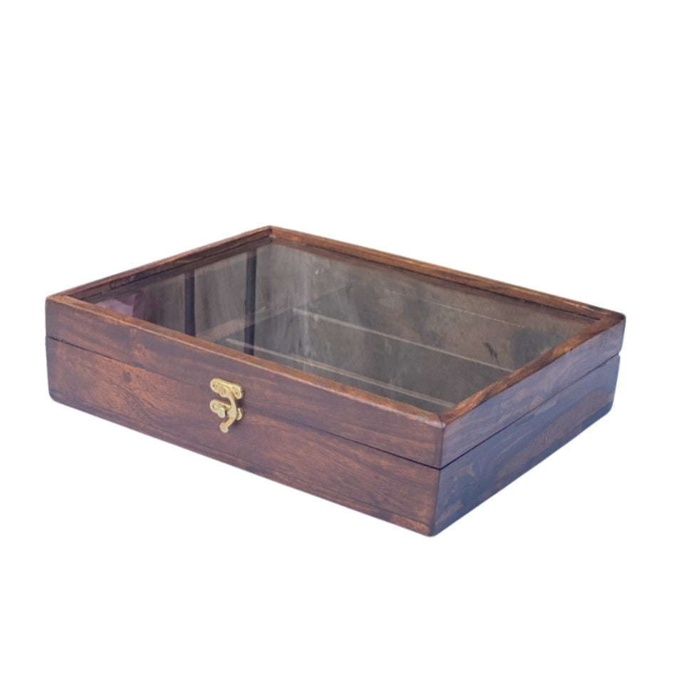 Wooden cutlery box with glass lid open showing multiple compartments for organizing flatware and kitchen utensils.