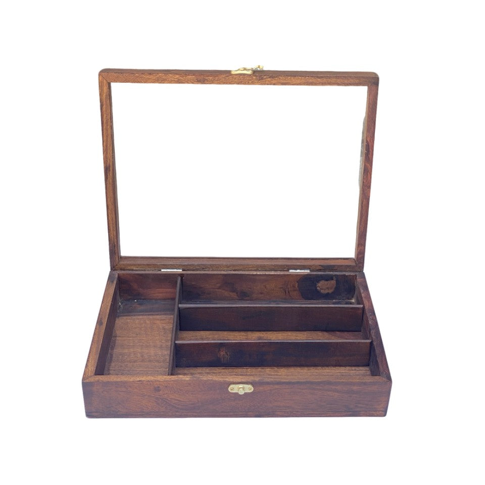 Wooden cutlery box with glass lid open showing multiple compartments for organizing flatware and kitchen utensils