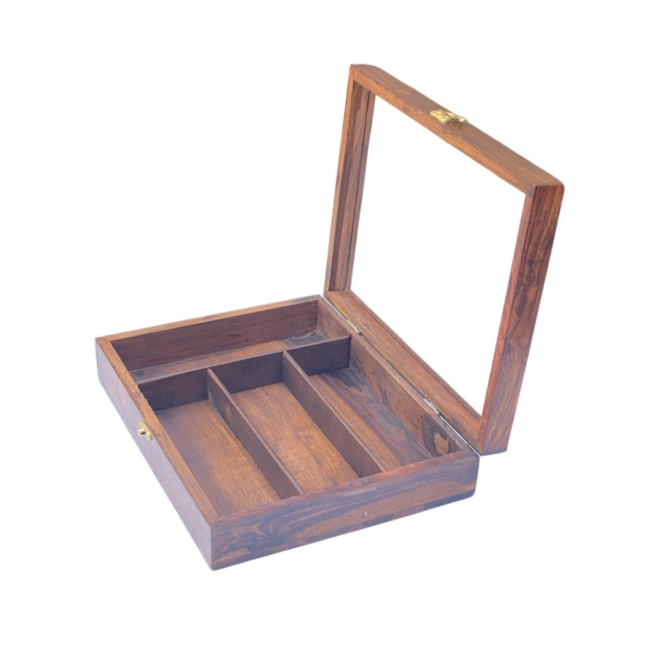 Wooden cutlery box with glass lid open showing multiple compartments for organizing flatware and kitchen utensils