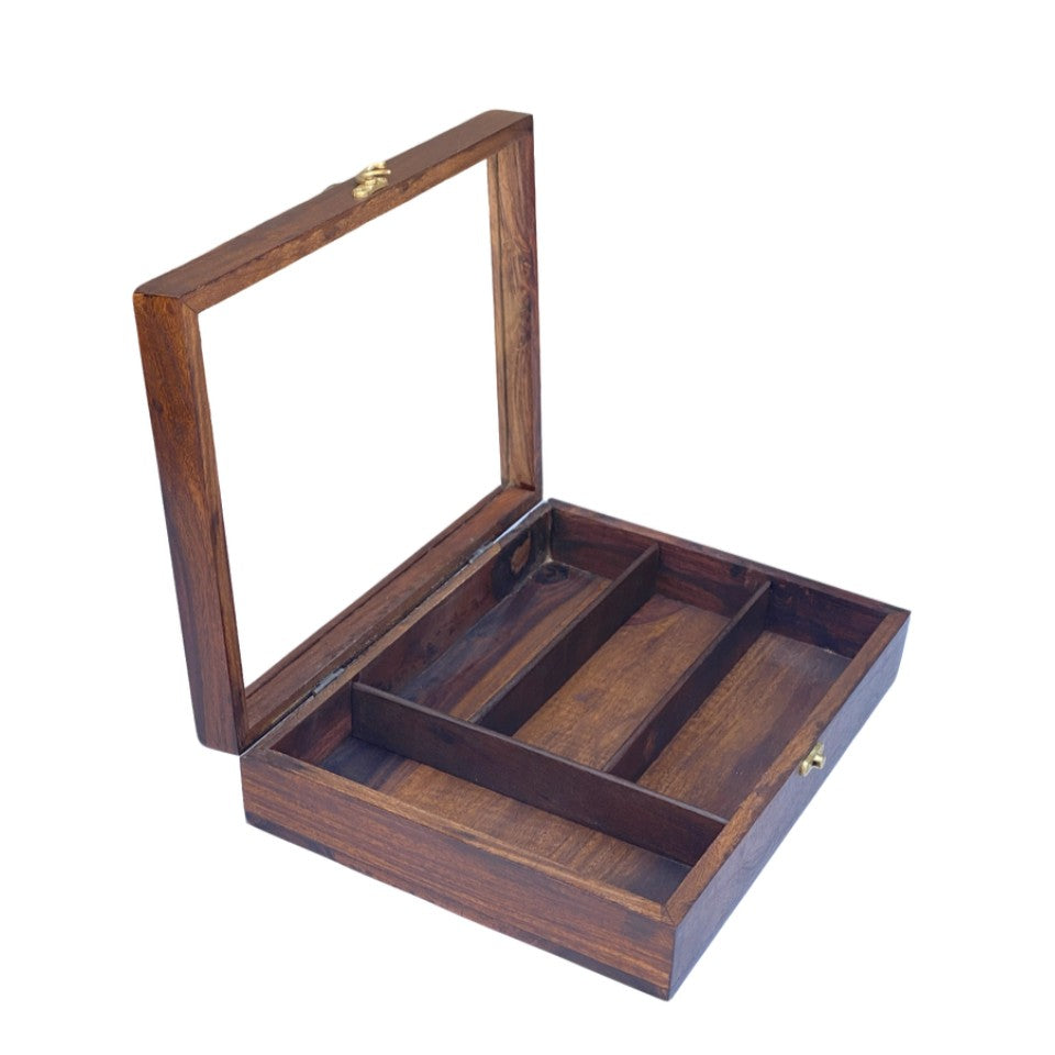 Wooden cutlery box with glass lid open showing multiple compartments for organizing flatware and kitchen utensils