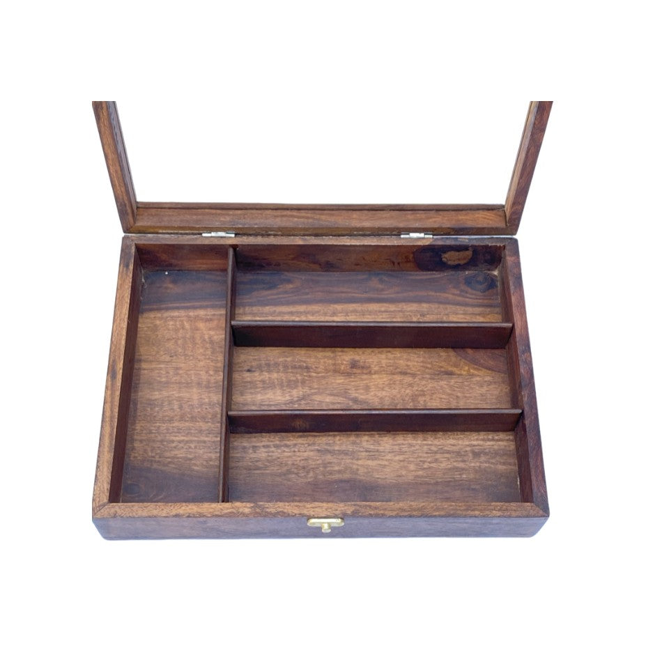 Wooden cutlery box with glass lid open showing multiple compartments for organizing flatware and kitchen utensils