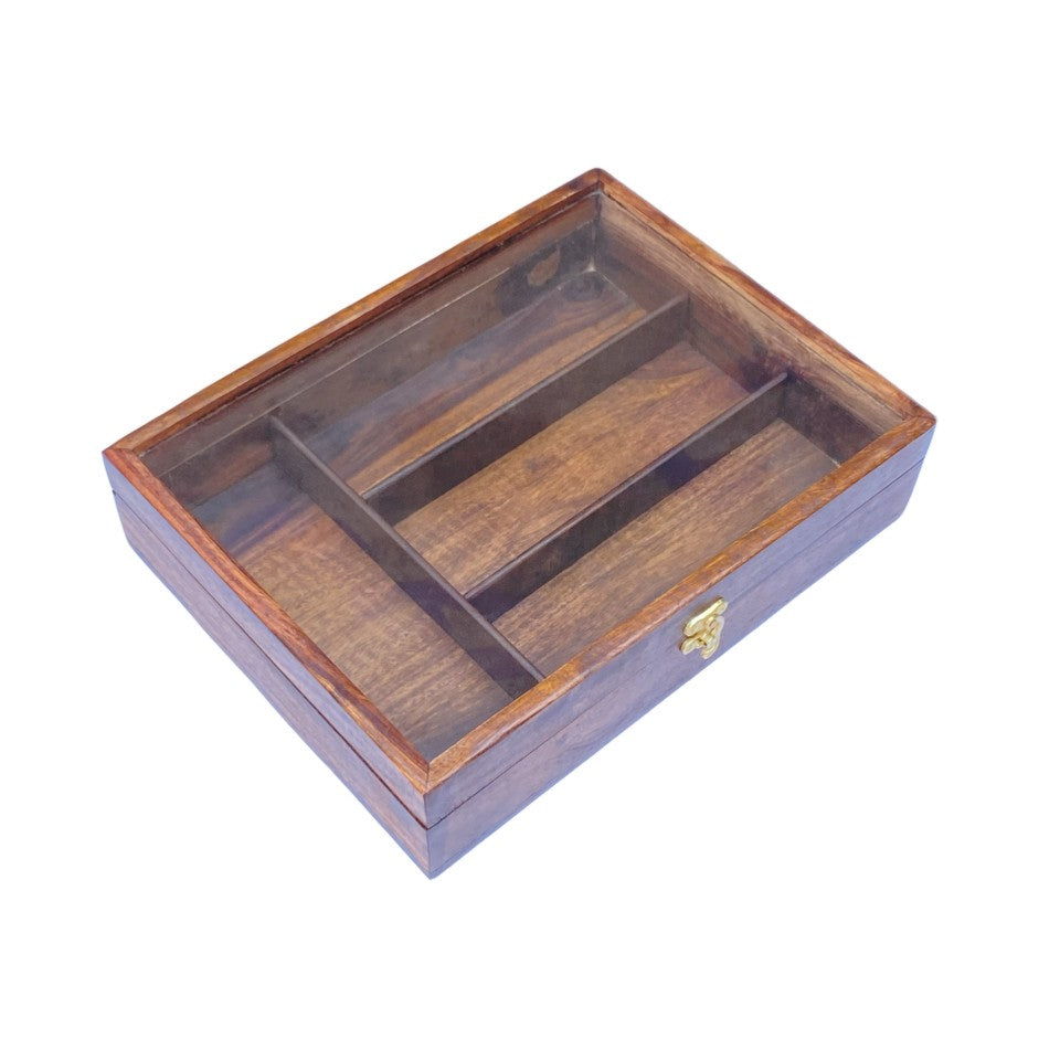Wooden cutlery box with glass lid open showing multiple compartments for organizing flatware and kitchen utensils