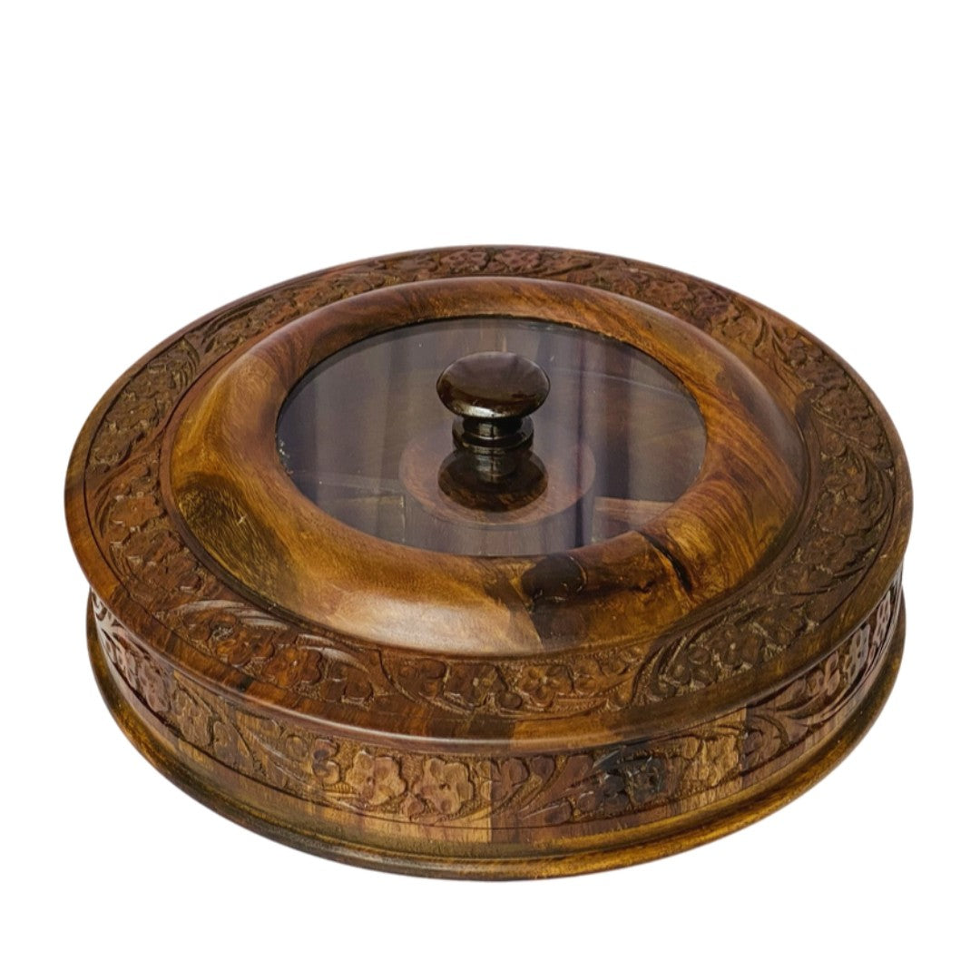 Hand-carved wooden dry fruit bowl – elegant serving bowl with intricate design.