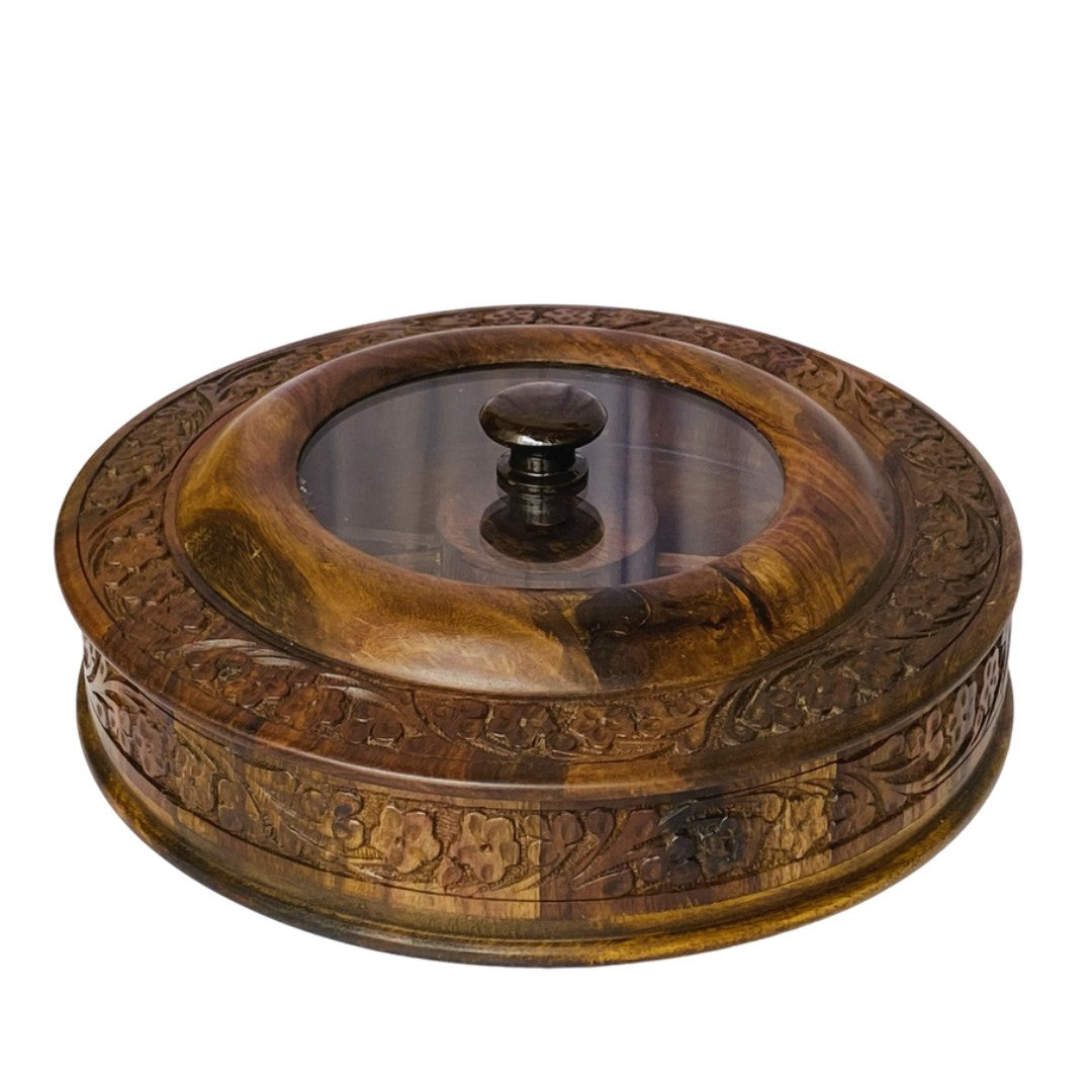 Hand-carved wooden dry fruit bowl – elegant serving bowl with intricate design.