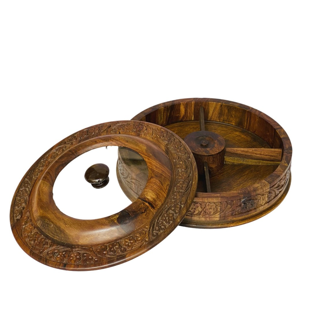 Hand-carved wooden dry fruit bowl – elegant serving bowl with intricate design.
