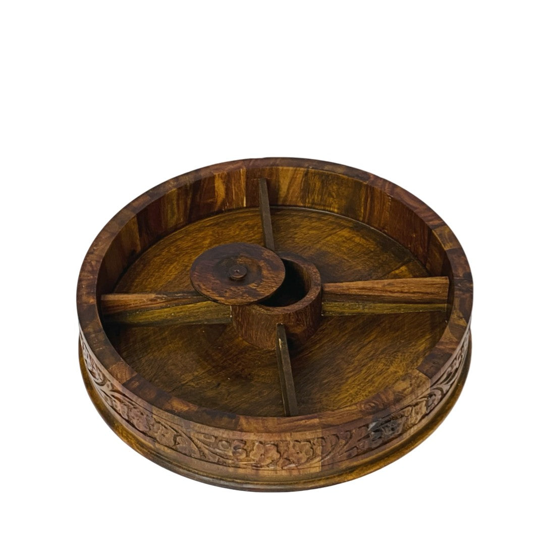 Hand-carved wooden dry fruit bowl – elegant serving bowl with intricate design.