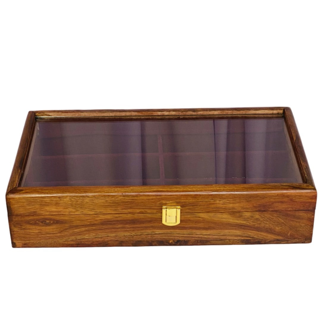 Open wooden glasses storage box displaying 6 compartments with red velvet lining, containing various sunglasses and eyewear, featuring brass hinges and latch