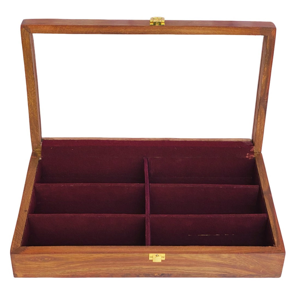 Open wooden glasses storage box displaying 6 compartments with red velvet lining, containing various sunglasses and eyewear, featuring brass hinges and latch