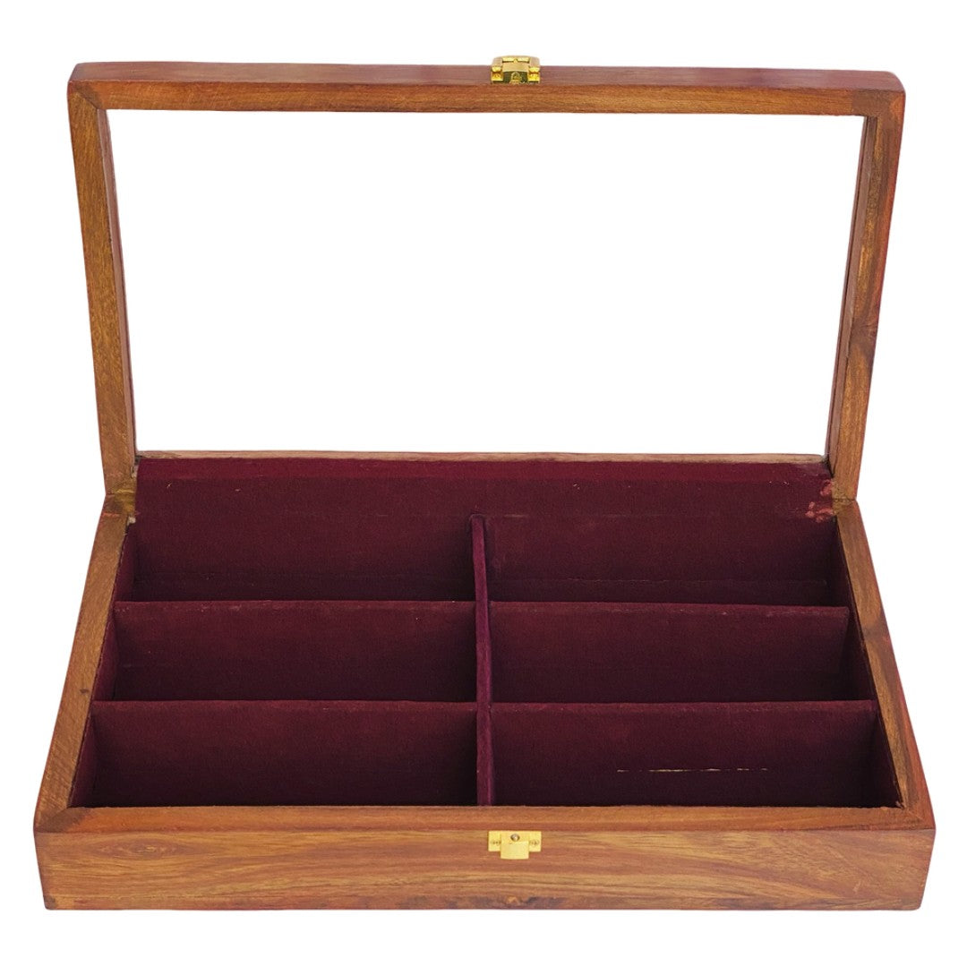 Open wooden glasses storage box displaying 6 compartments with red velvet lining, containing various sunglasses and eyewear, featuring brass hinges and latch