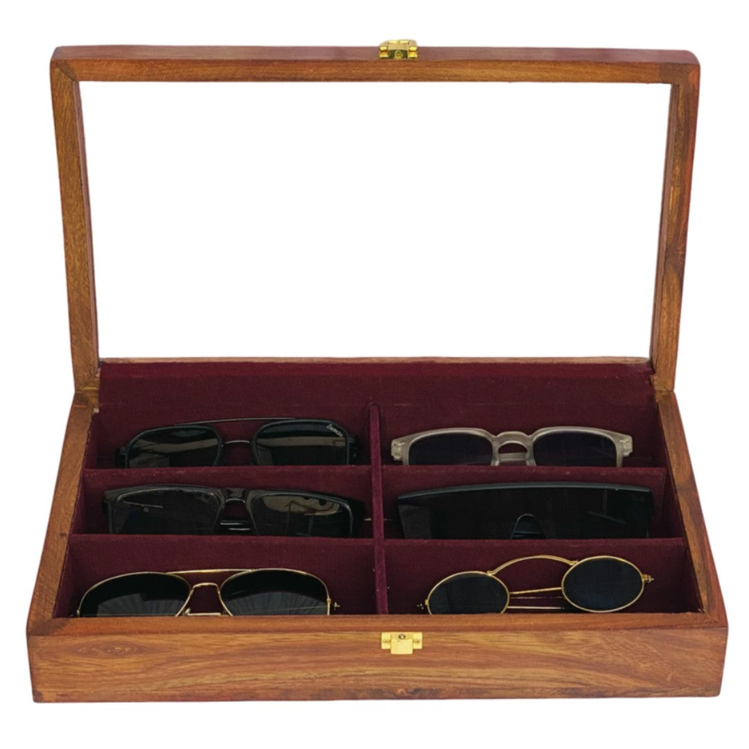 Open wooden glasses storage box displaying 6 compartments with red velvet lining, containing various sunglasses and eyewear, featuring brass hinges and latch