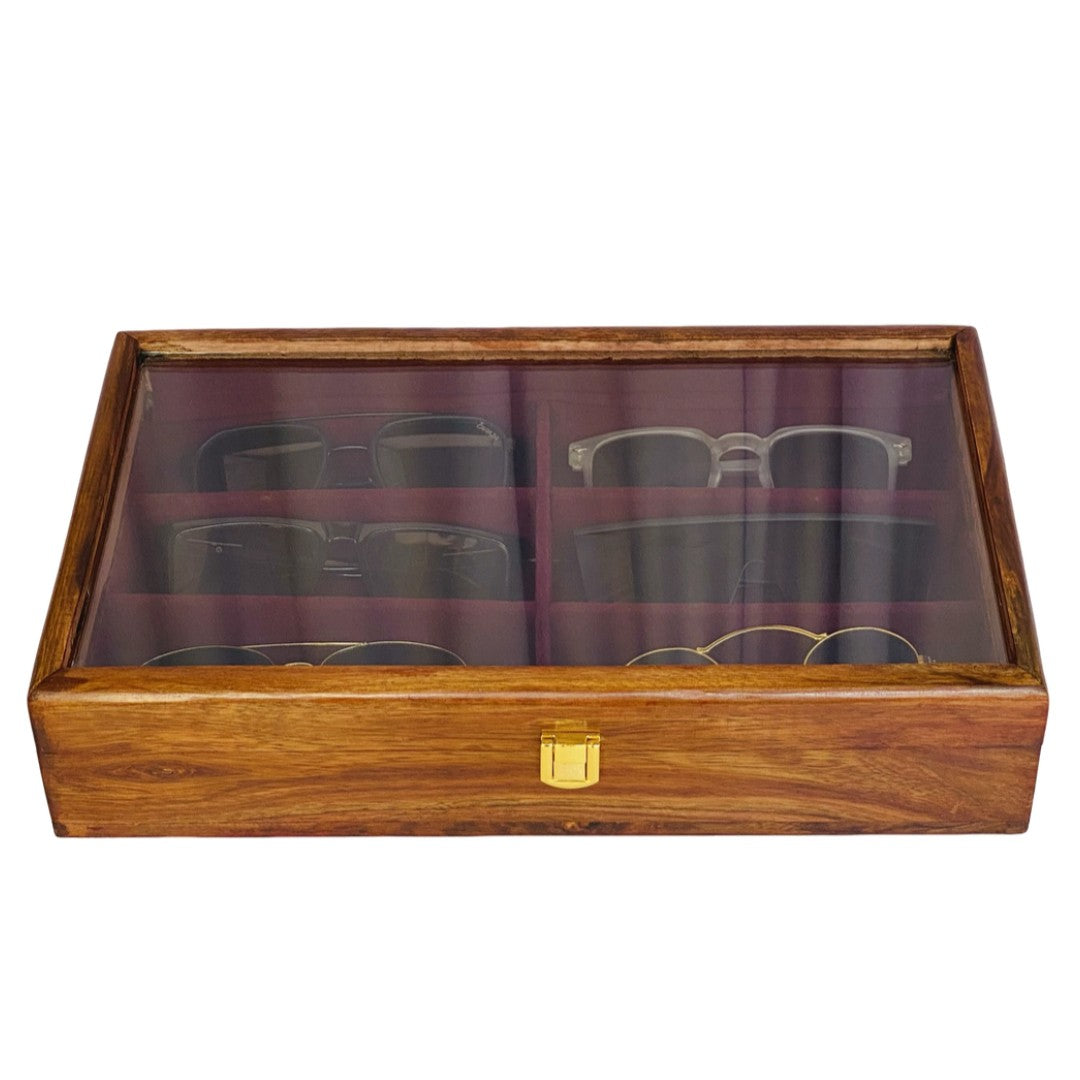 Open wooden glasses storage box displaying 6 compartments with red velvet lining, containing various sunglasses and eyewear, featuring brass hinges and latch