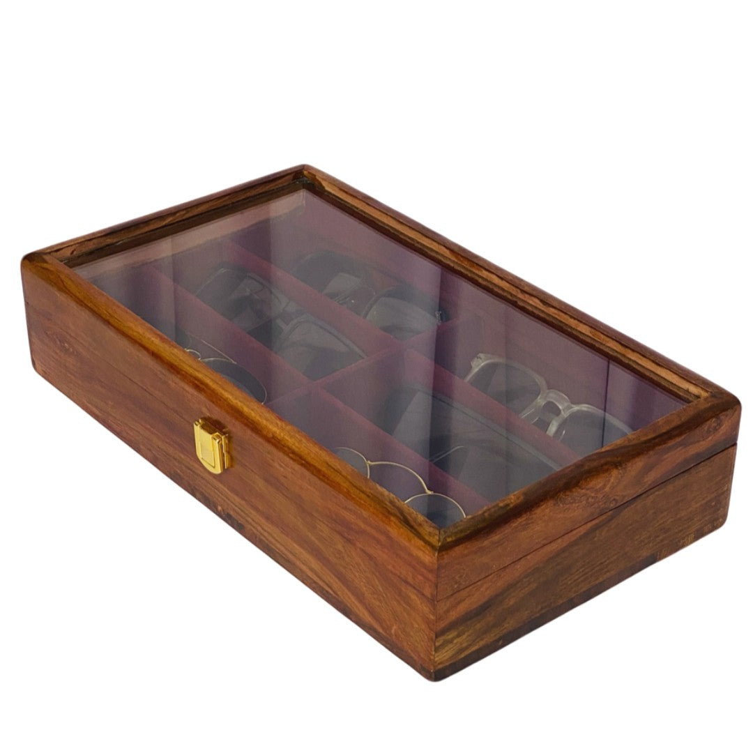 Open wooden glasses storage box displaying 6 compartments with red velvet lining, containing various sunglasses and eyewear, featuring brass hinges and latch