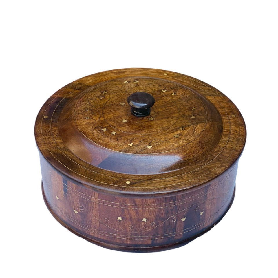 Round wooden hotpot with brass inlay details and matching lid - traditional handcrafted serving bowl.