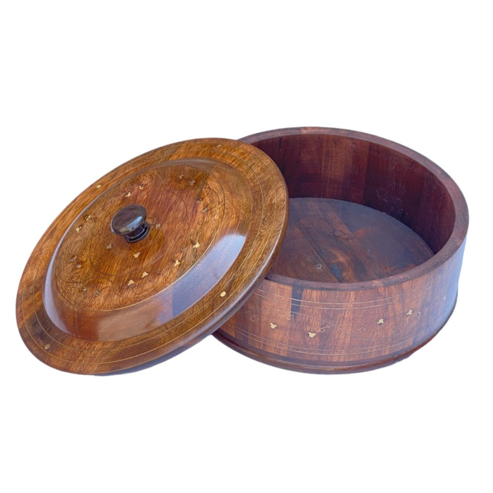 Round wooden hotpot with brass inlay details and matching lid - traditional handcrafted serving bowl.