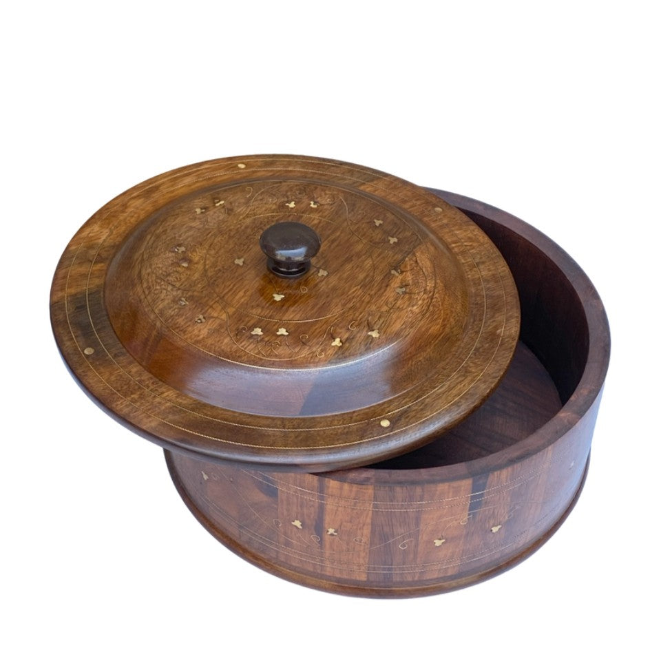 Round wooden hotpot with brass inlay details and matching lid - traditional handcrafted serving bowl.