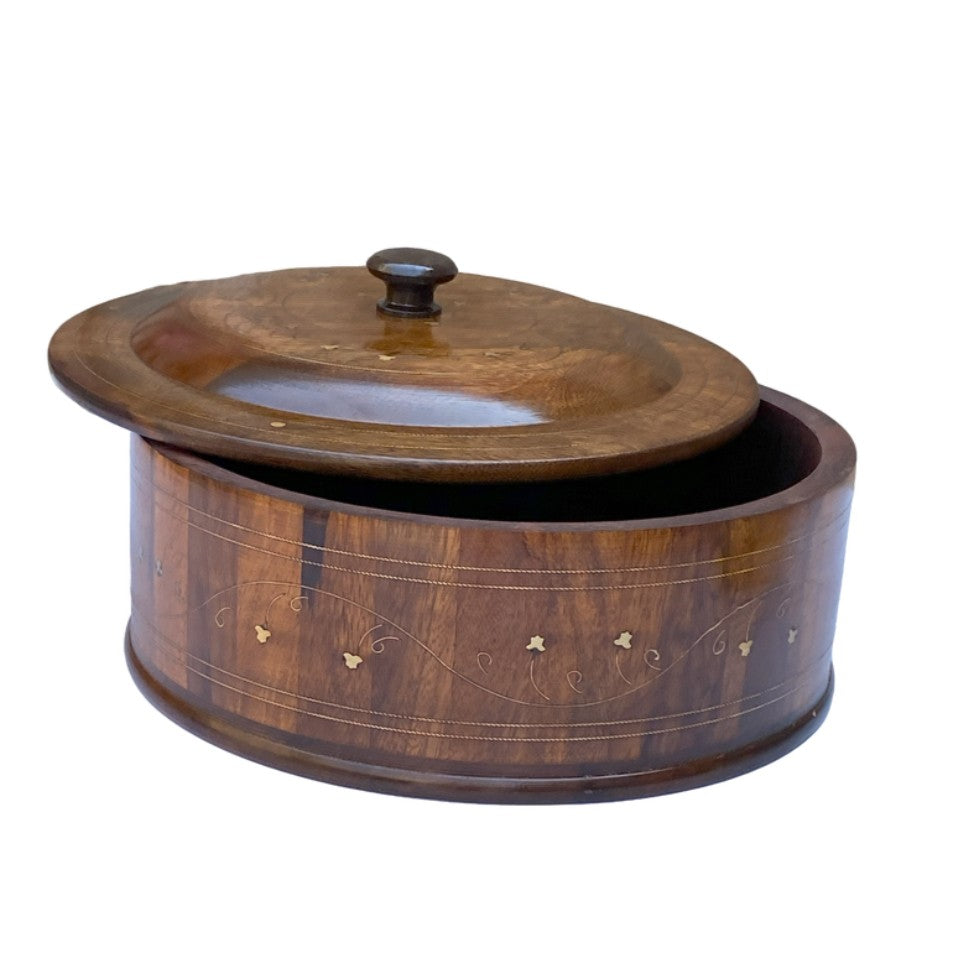 Round wooden hotpot with brass inlay details and matching lid - traditional handcrafted serving bowl.