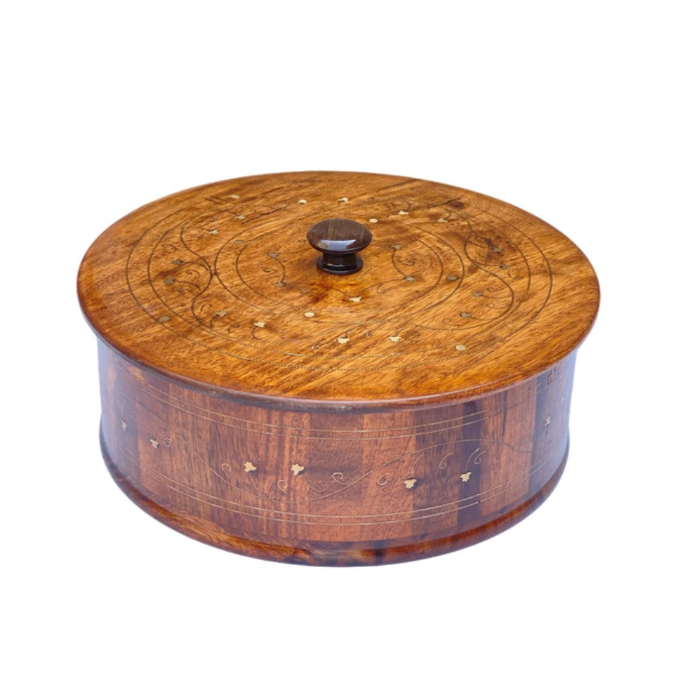 Carved wooden hotpot with intricate patterns and brass details - handmade traditional serving bowl with lid.