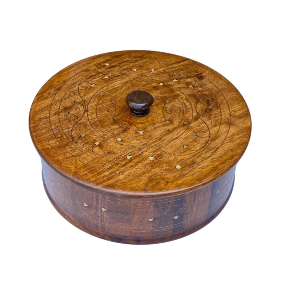 Carved wooden hotpot with intricate patterns and brass details - handmade traditional serving bowl with lid.