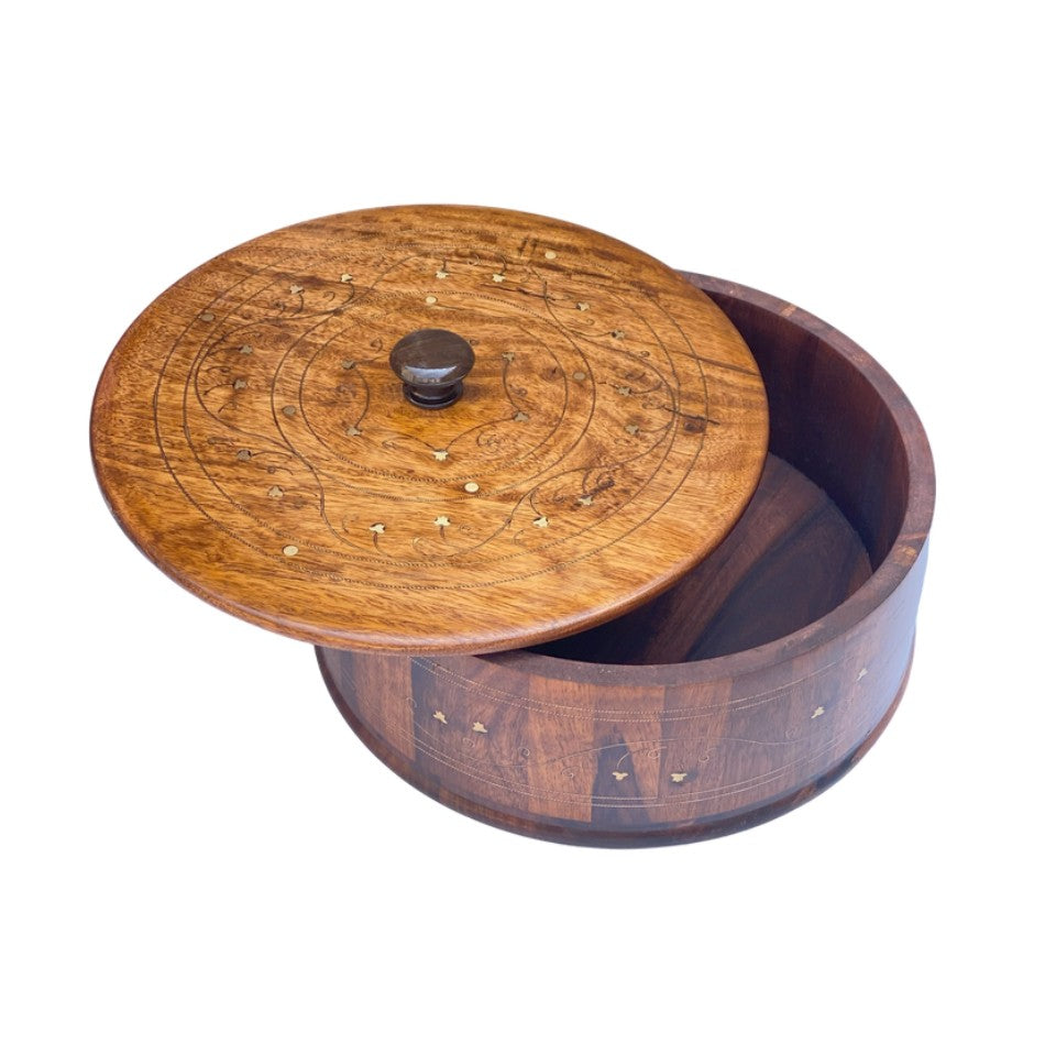 Carved wooden hotpot with intricate patterns and brass details - handmade traditional serving bowl with lid.
