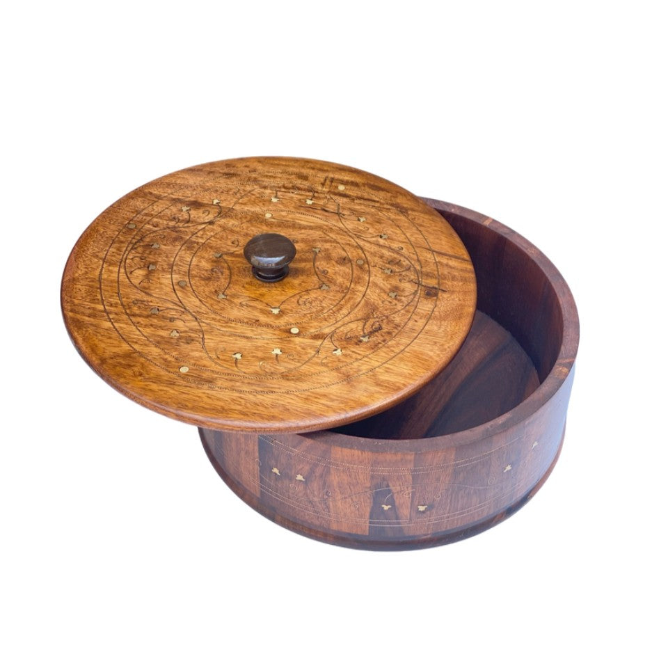 Carved wooden hotpot with intricate patterns and brass details - handmade traditional serving bowl with lid.
