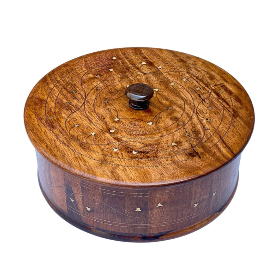 Carved wooden hotpot with intricate patterns and brass details - handmade traditional serving bowl with lid.