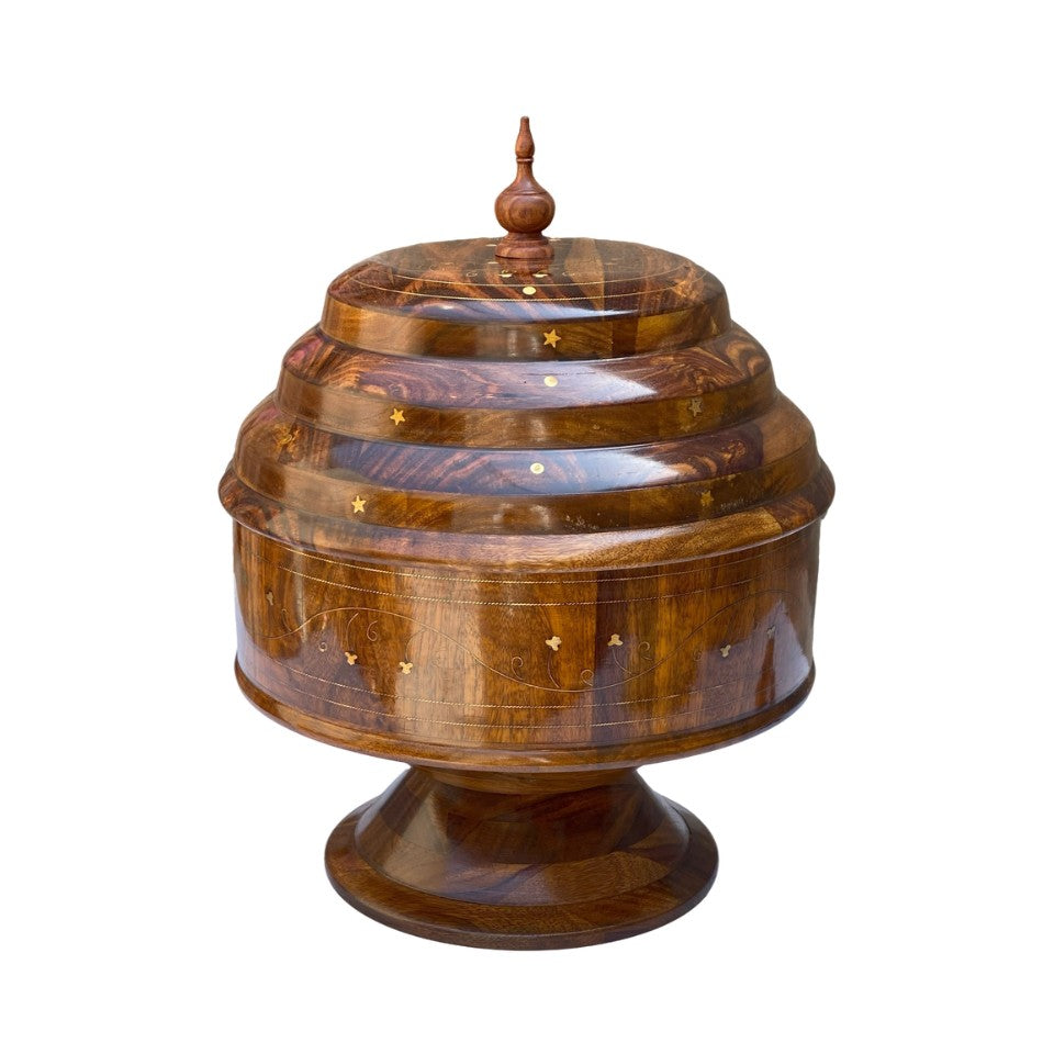 Wooden hotpot with stainless steel interior and decorative lid for keeping food warm.