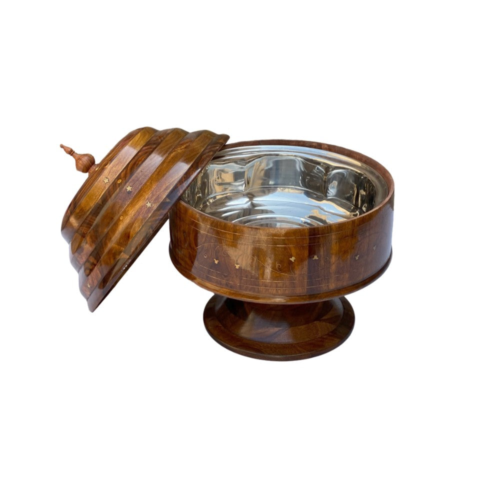 Wooden hotpot with stainless steel interior and decorative lid for keeping food warm.