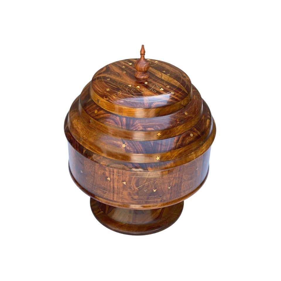 Wooden hotpot with stainless steel interior and decorative lid for keeping food warm.