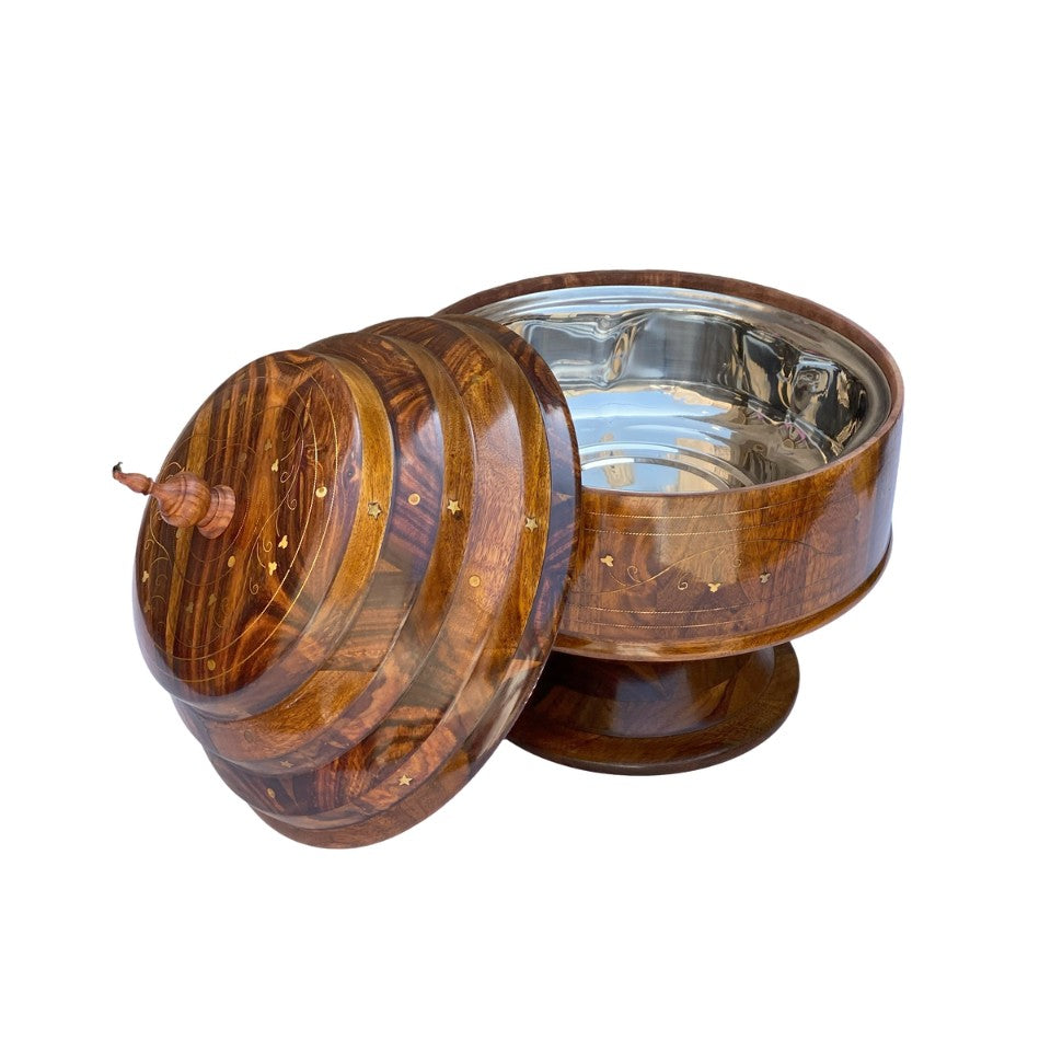 Wooden hotpot with stainless steel interior and decorative lid for keeping food warm.