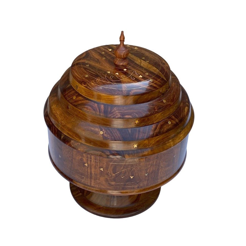 Wooden hotpot with stainless steel interior and decorative lid for keeping food warm.